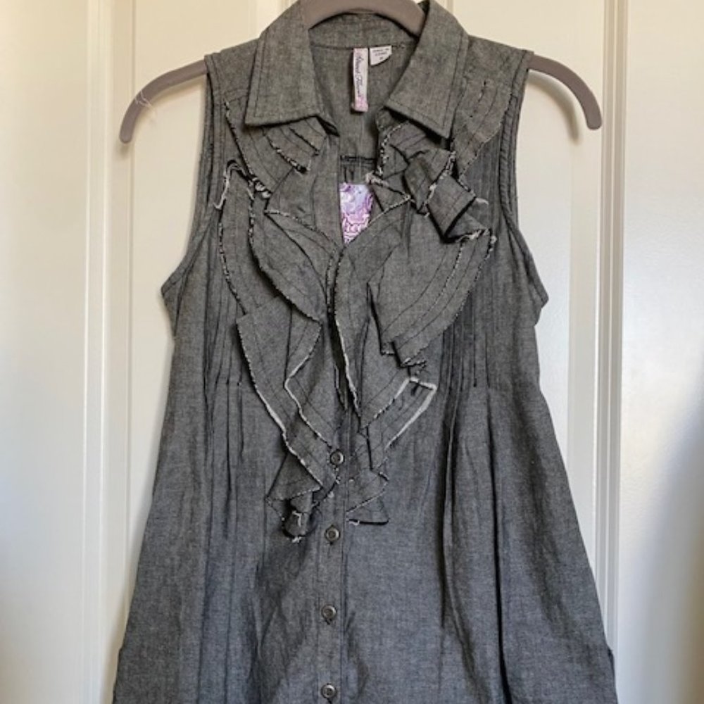Street Flower Button Down Ruffle Denim Black Size Medium